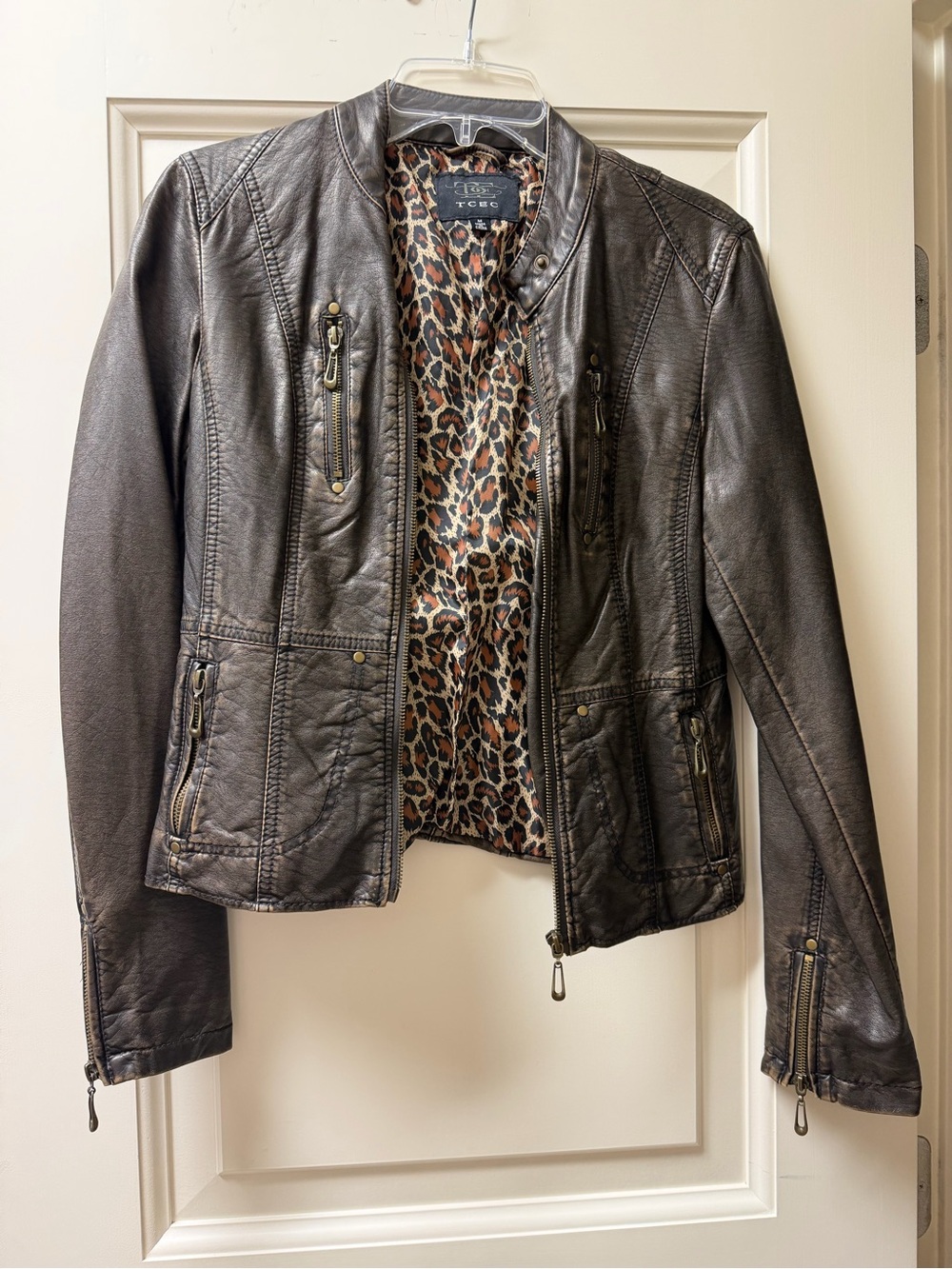 TCEC Brown Moto Jacket Leopard Lined Zip Detail M